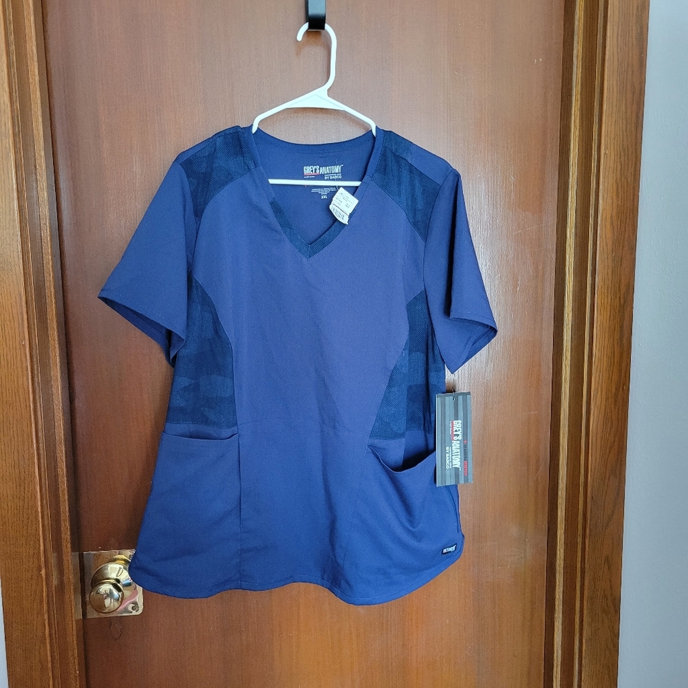 Grey's Anatomy By Barco Spandex Stretch Navy Blue Scrub Top 2XL NWT